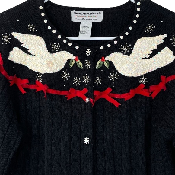 Y2K Tiara Int. Christmas Cable Knit Cardigan Dove Sweater Size Large - Picture 3 of 10